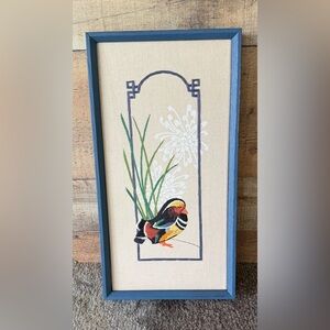 Upcycled Primitive Cabinet Door Framed Bird Embroidery Art